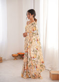 Cream Chinon Digital Printed Designer Saree with Blouse