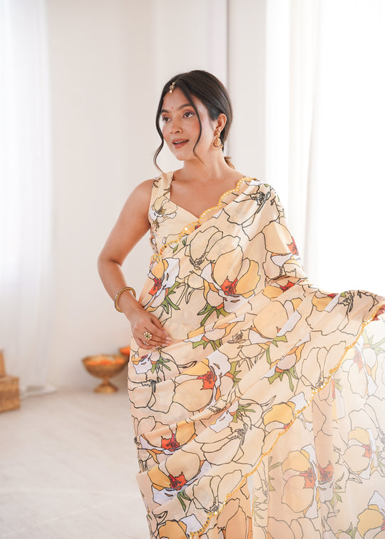 Cream Chinon Digital Printed Designer Saree with Blouse