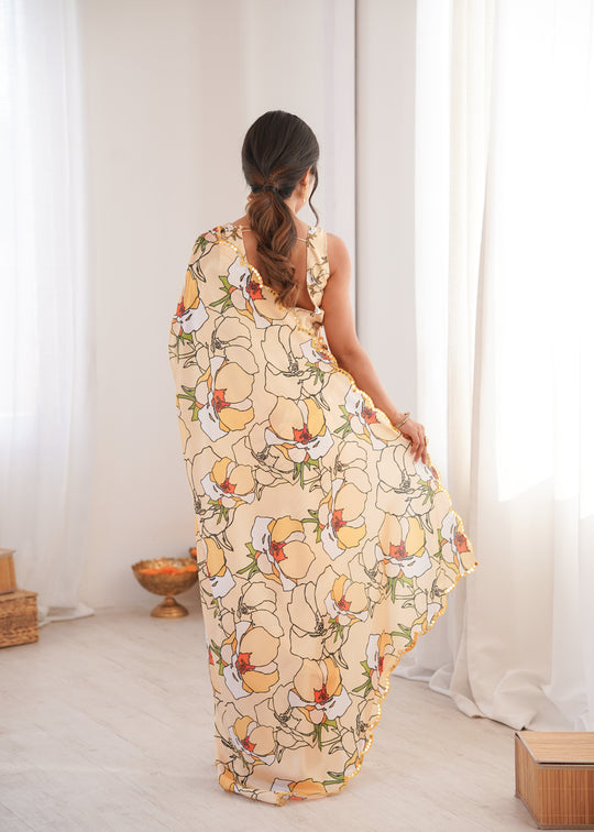 Cream Chinon Digital Printed Designer Saree with Blouse