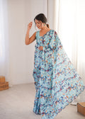 Sky Blue Chinon Digital Printed Designer Saree with Blouse