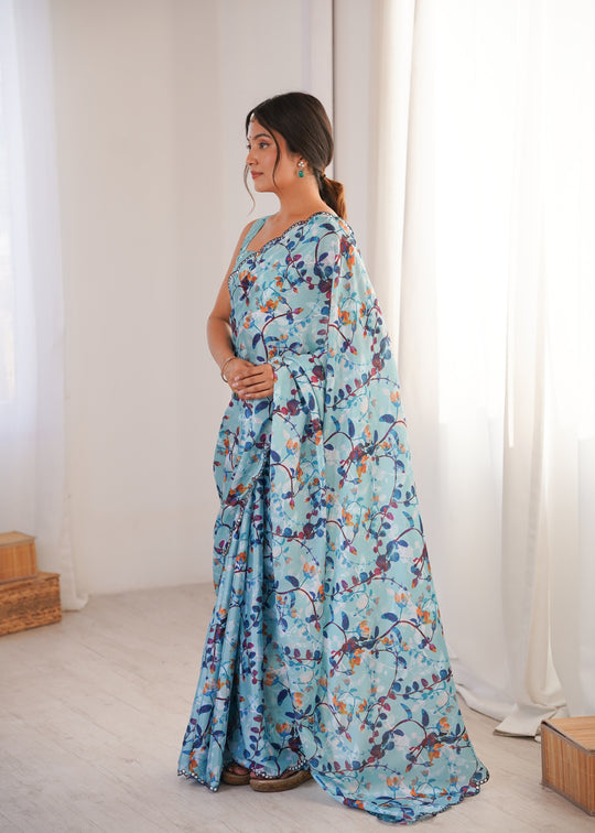 Sky Blue Chinon Digital Printed Designer Saree with Blouse