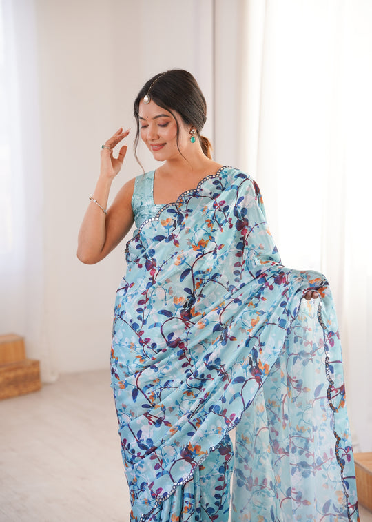 Sky Blue Chinon Digital Printed Designer Saree with Blouse