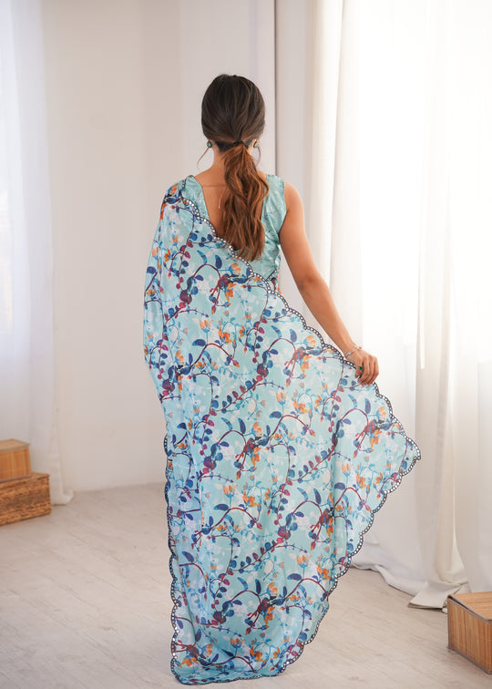 Sky Blue Chinon Digital Printed Designer Saree with Blouse