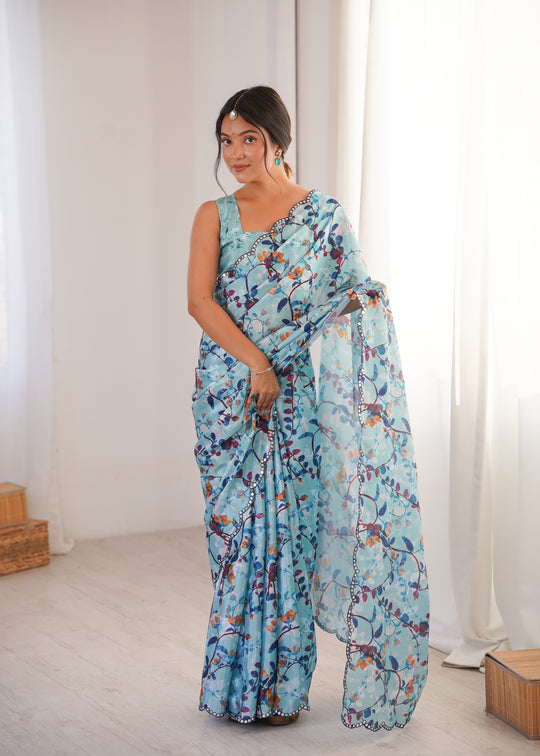 Sky Blue Chinon Digital Printed Designer Saree with Blouse