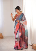 Multicolor Chinon Digital Printed Designer Saree with Blouse