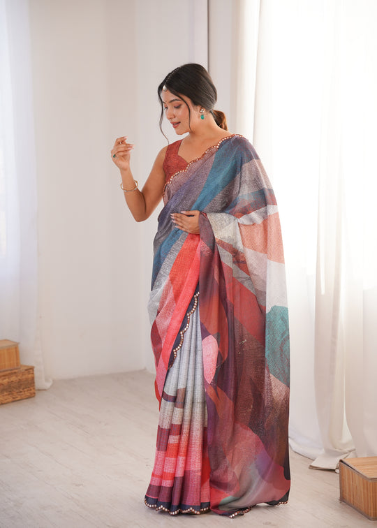 Multicolor Chinon Digital Printed Designer Saree with Blouse