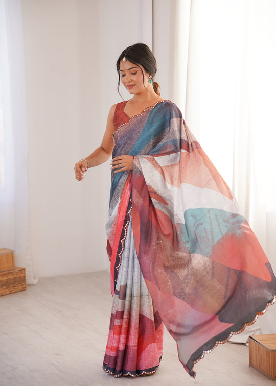 Multicolor Chinon Digital Printed Designer Saree with Blouse