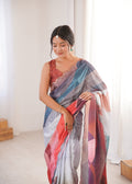 Multicolor Chinon Digital Printed Designer Saree with Blouse