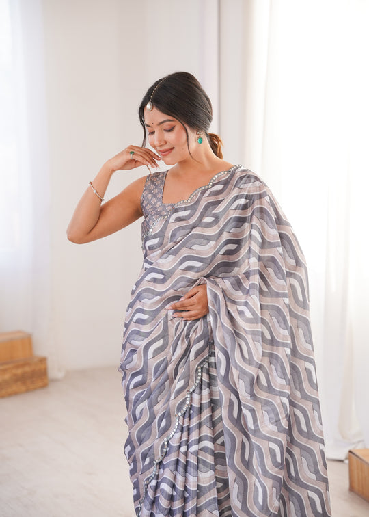 Grey Chinon Digital Printed Designer Saree with Blouse