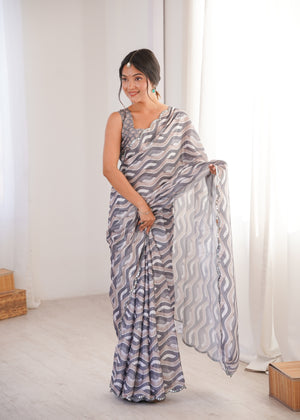 Grey Chinon Digital Printed Designer Saree with Blouse