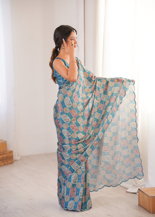 Teal Chinon Digital Printed Designer Saree with Blouse