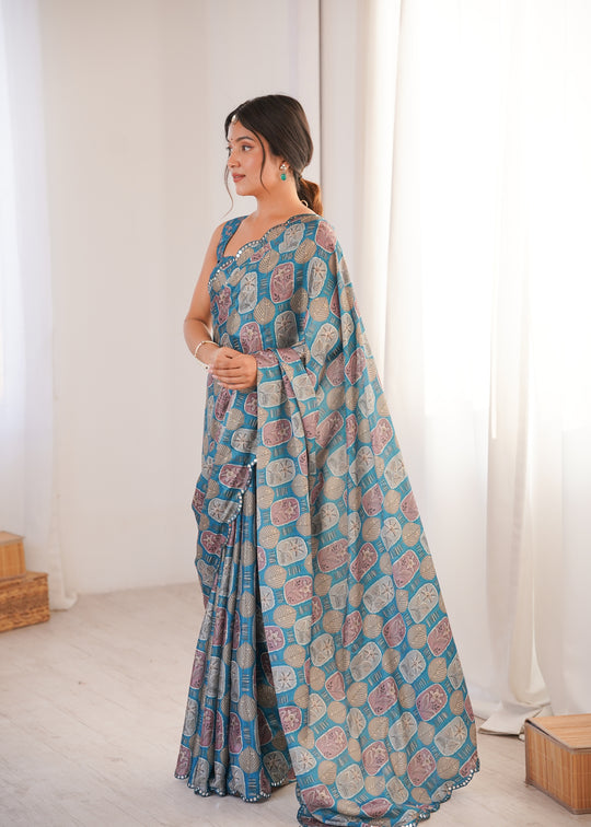 Teal Chinon Digital Printed Designer Saree with Blouse