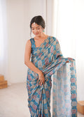 Teal Chinon Digital Printed Designer Saree with Blouse