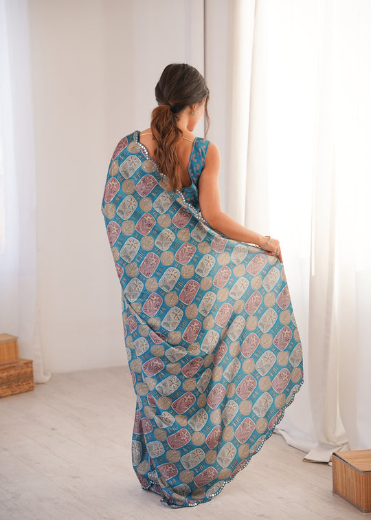 Teal Chinon Digital Printed Designer Saree with Blouse