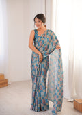 Teal Chinon Digital Printed Designer Saree with Blouse