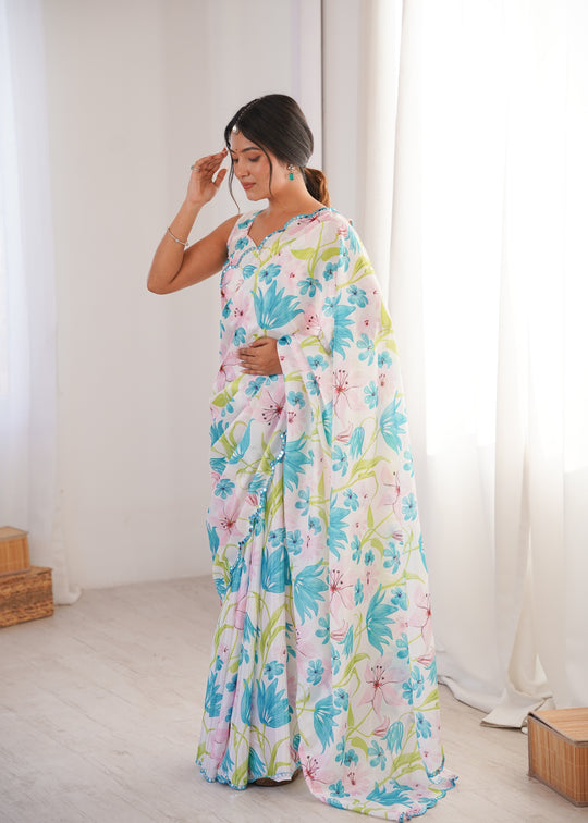 Multicolor Chinon Digital Printed Designer Saree with Blouse