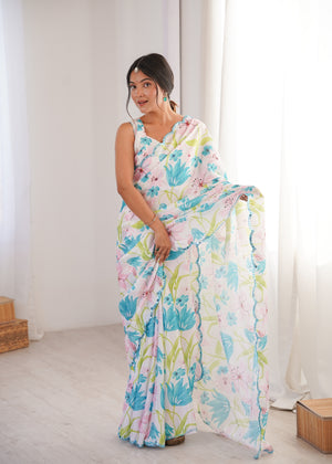 Multicolor Chinon Digital Printed Designer Saree with Blouse