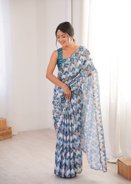 Multicolor Chinon Digital Printed Designer Saree with Blouse