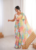 Multicolor Chinon Digital Printed Designer Saree with Blouse