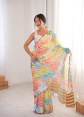 Multicolor Chinon Digital Printed Designer Saree with Blouse