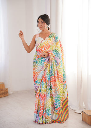 Multicolor Chinon Digital Printed Designer Saree with Blouse