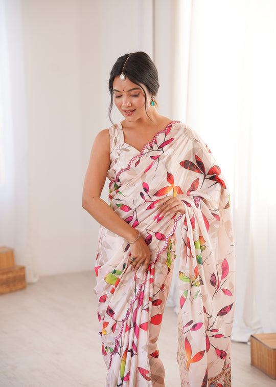 Multicolor Chinon Digital Printed Designer Saree with Blouse