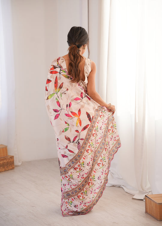 Multicolor Chinon Digital Printed Designer Saree with Blouse