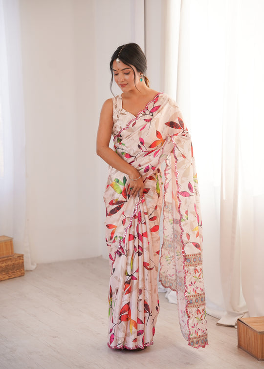 Multicolor Chinon Digital Printed Designer Saree with Blouse