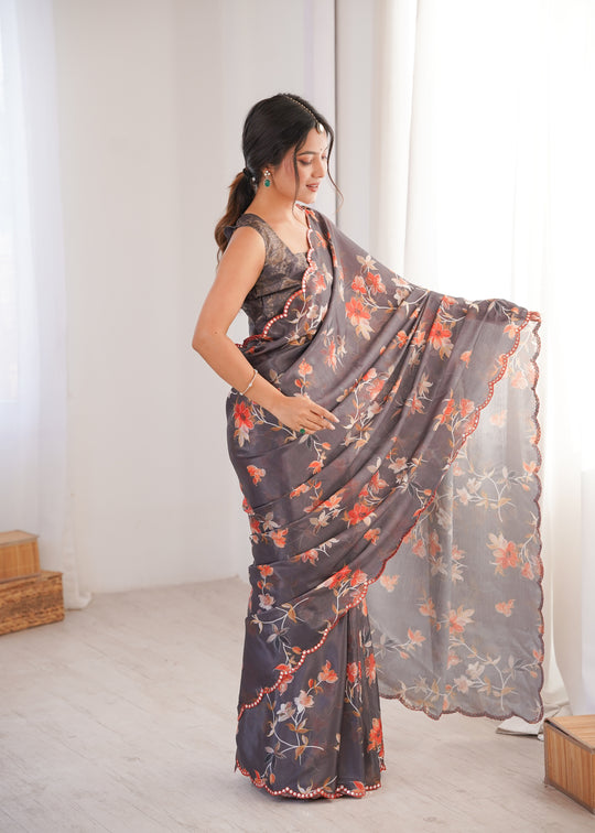 Multicolor Chinon Digital Printed Designer Saree with Blouse