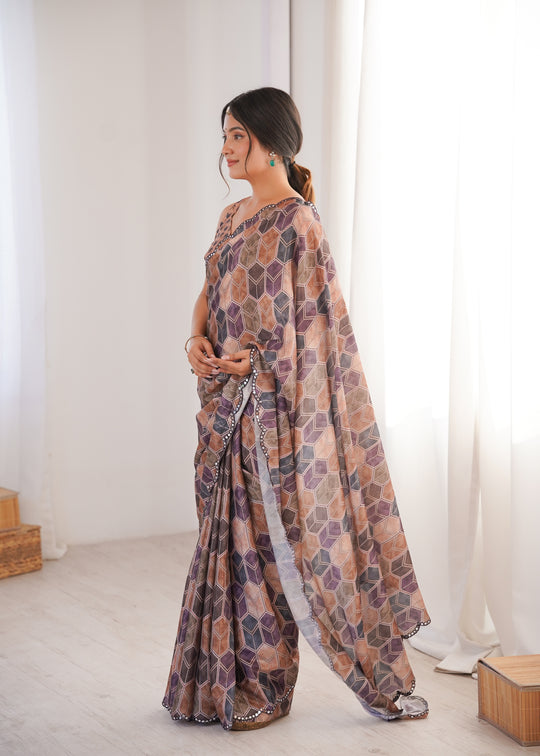Multicolor Chinon Digital Printed Designer Saree with Blouse