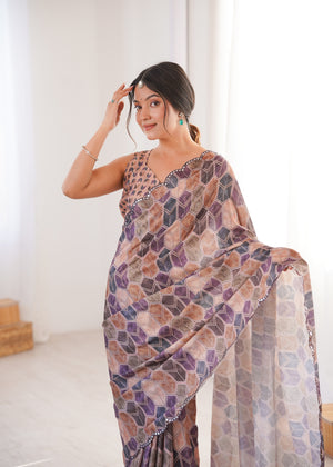 Multicolor Chinon Digital Printed Designer Saree with Blouse