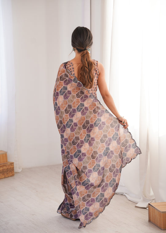 Multicolor Chinon Digital Printed Designer Saree with Blouse