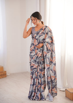 Multicolor Chinon Digital Printed Designer Saree with Blouse