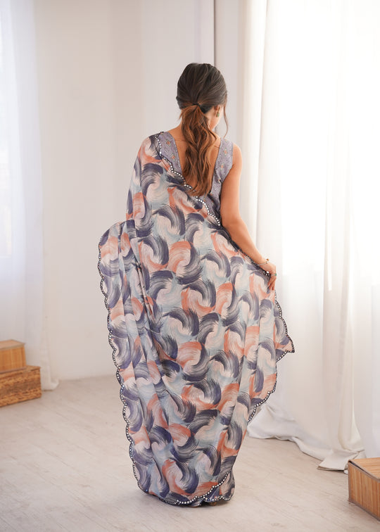 Multicolor Chinon Digital Printed Designer Saree with Blouse