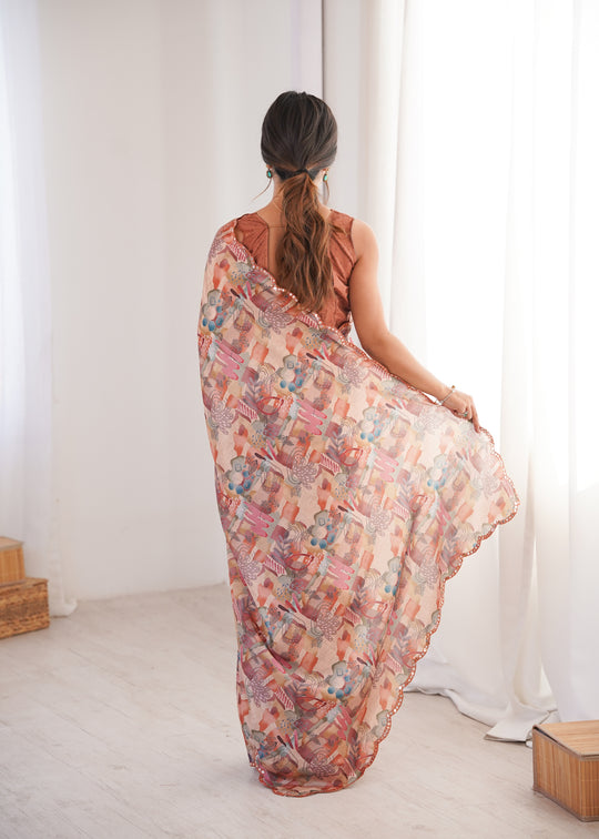 Multicolor Chinon Digital Printed Designer Saree with Blouse