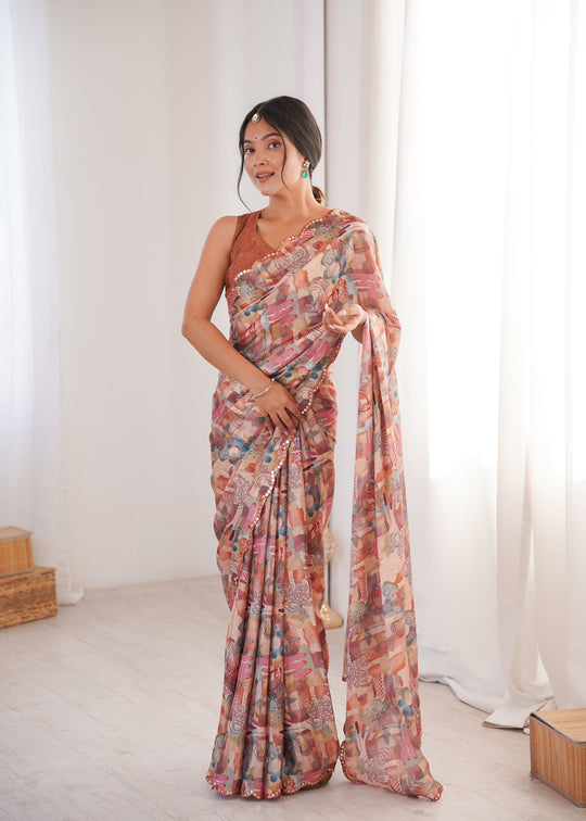 Multicolor Chinon Digital Printed Designer Saree with Blouse