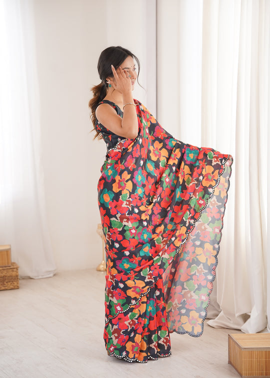 Multicolor Chinon Digital Printed Designer Saree with Blouse