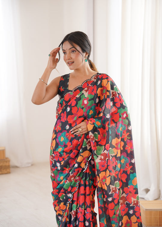 Multicolor Chinon Digital Printed Designer Saree with Blouse