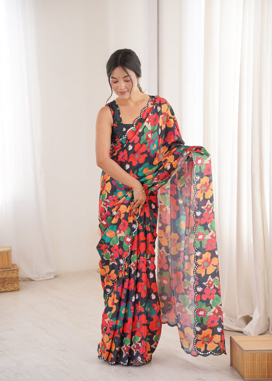 Multicolor Chinon Digital Printed Designer Saree with Blouse