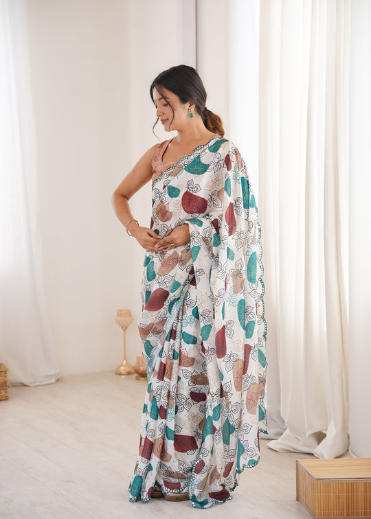 Multicolor Chinon Digital Printed Designer Saree with Blouse