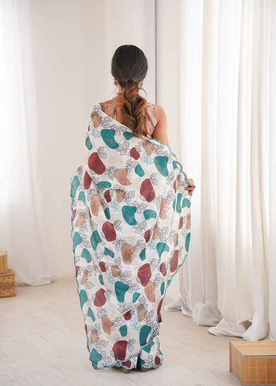 Multicolor Chinon Digital Printed Designer Saree with Blouse