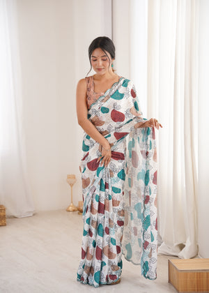 Multicolor Chinon Digital Printed Designer Saree with Blouse