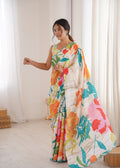 Multicolor Chinon Digital Printed Designer Saree with Blouse