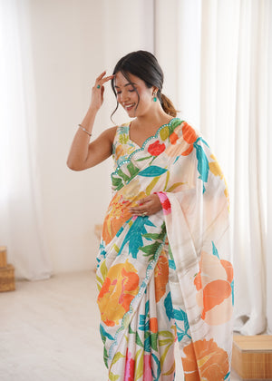 Multicolor Chinon Digital Printed Designer Saree with Blouse