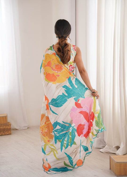 Multicolor Chinon Digital Printed Designer Saree with Blouse