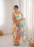 Multicolor Chinon Digital Printed Designer Saree with Blouse