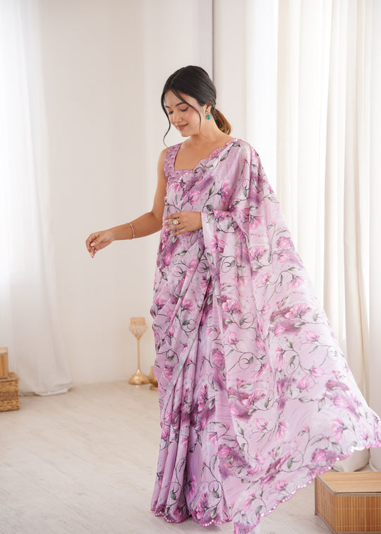 Purple Chinon Digital Printed Designer Saree with Blouse