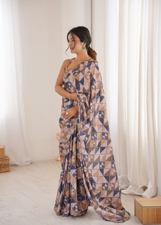 Multicolor Chinon Digital Printed Designer Saree with Blouse