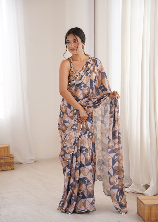 Multicolor Chinon Digital Printed Designer Saree with Blouse