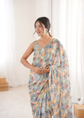 Multicolor Chinon Digital Printed Designer Saree with Blouse